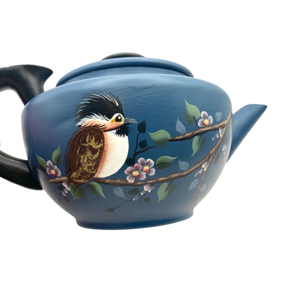 Vintage Mirro Teapot Hand Painted Floral and Bird USA Blue Aluminum with Lid